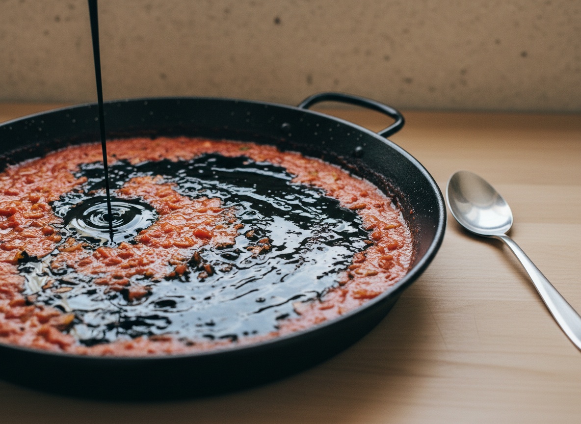 Tinta de calamar diluida incorporándose al sofrito de tomate y tiñéndolo de negro brillante