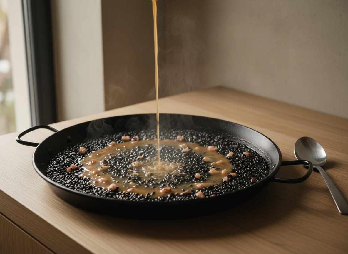 Arroz bomba negro repartiéndose en la paellera con el fumet caliente recién vertido