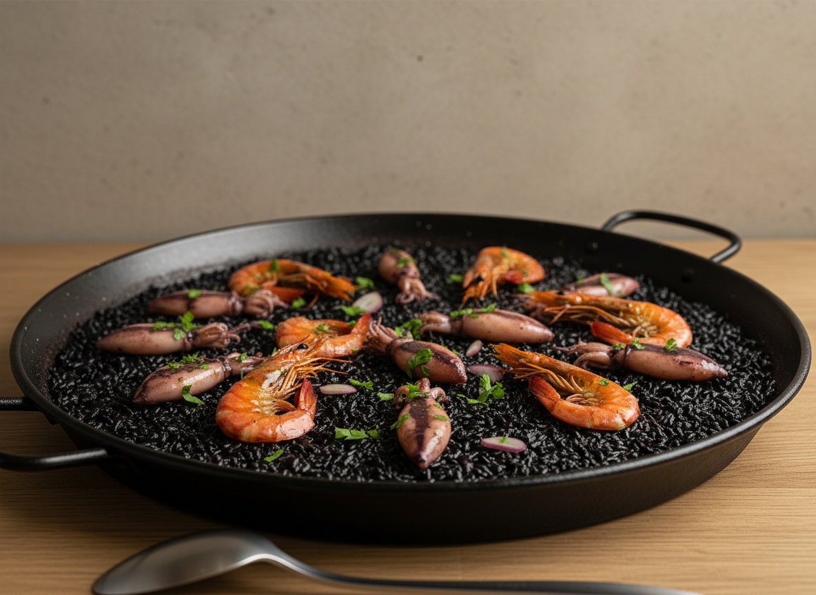 Gambas y chipirones colocándose sobre la superficie del arroz negro en los últimos minutos