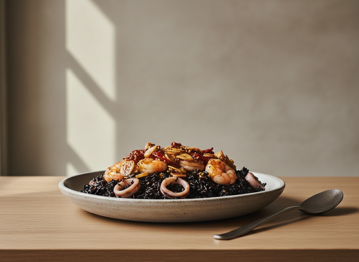 Arroz negro con chipirón y gamba a la bilbaína en paellera, grano negro brillante coronado con gambas rojas y refrito de ajo laminado y guindilla