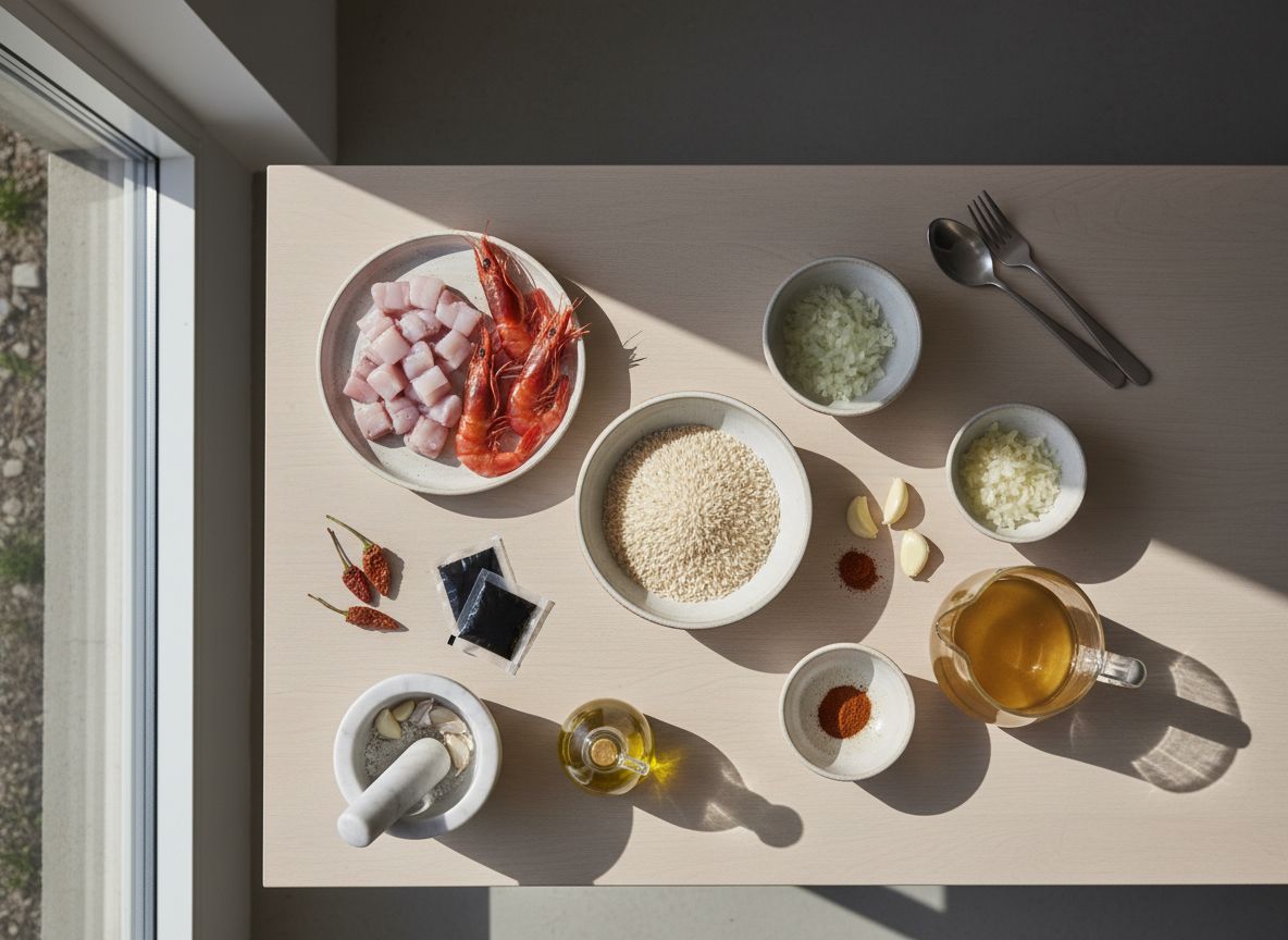 Mise en place del arroz negro con sepia: dados de sepia, gambas rojas enteras, arroz bomba, tinta, ñoras, tomate rallado y ajos para el alioli