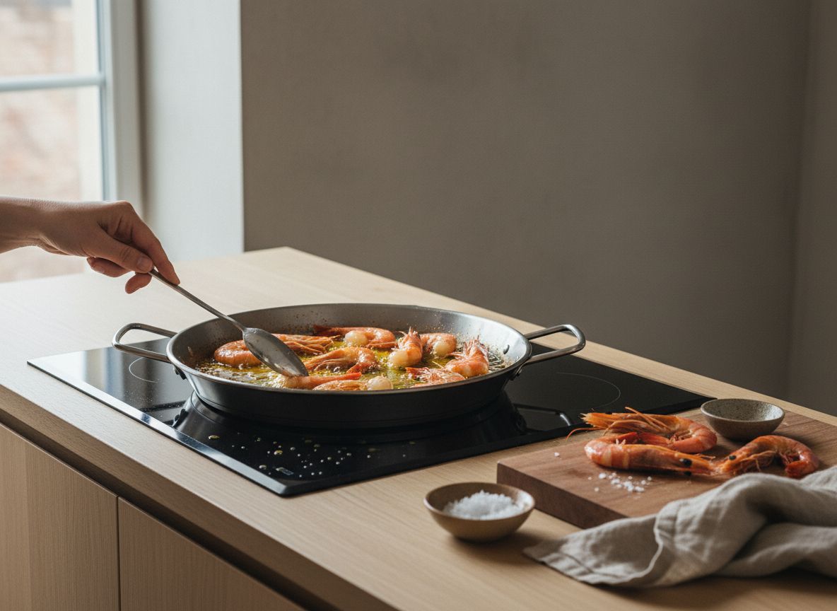 Gambas rojas marcándose brevemente en la paellera y cabezas aplastándose para extraer su jugo naranja