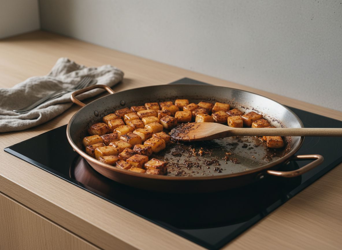 Dados de sepia caramelizándose ámbar tras media hora de sofrito con costra tostada en la paellera