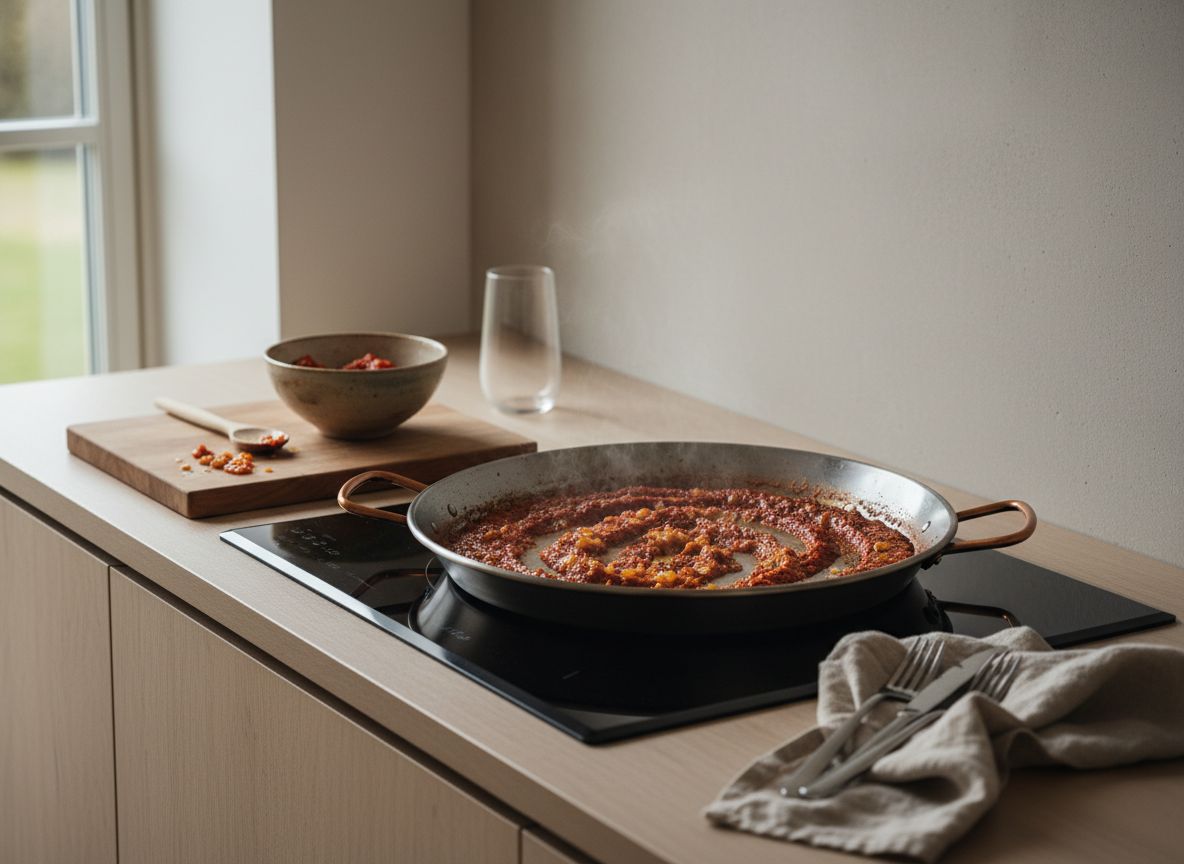 Cebolla de Figueres desglasando el fondo caramelizado junto a la carne de ñora y el tomate rallado