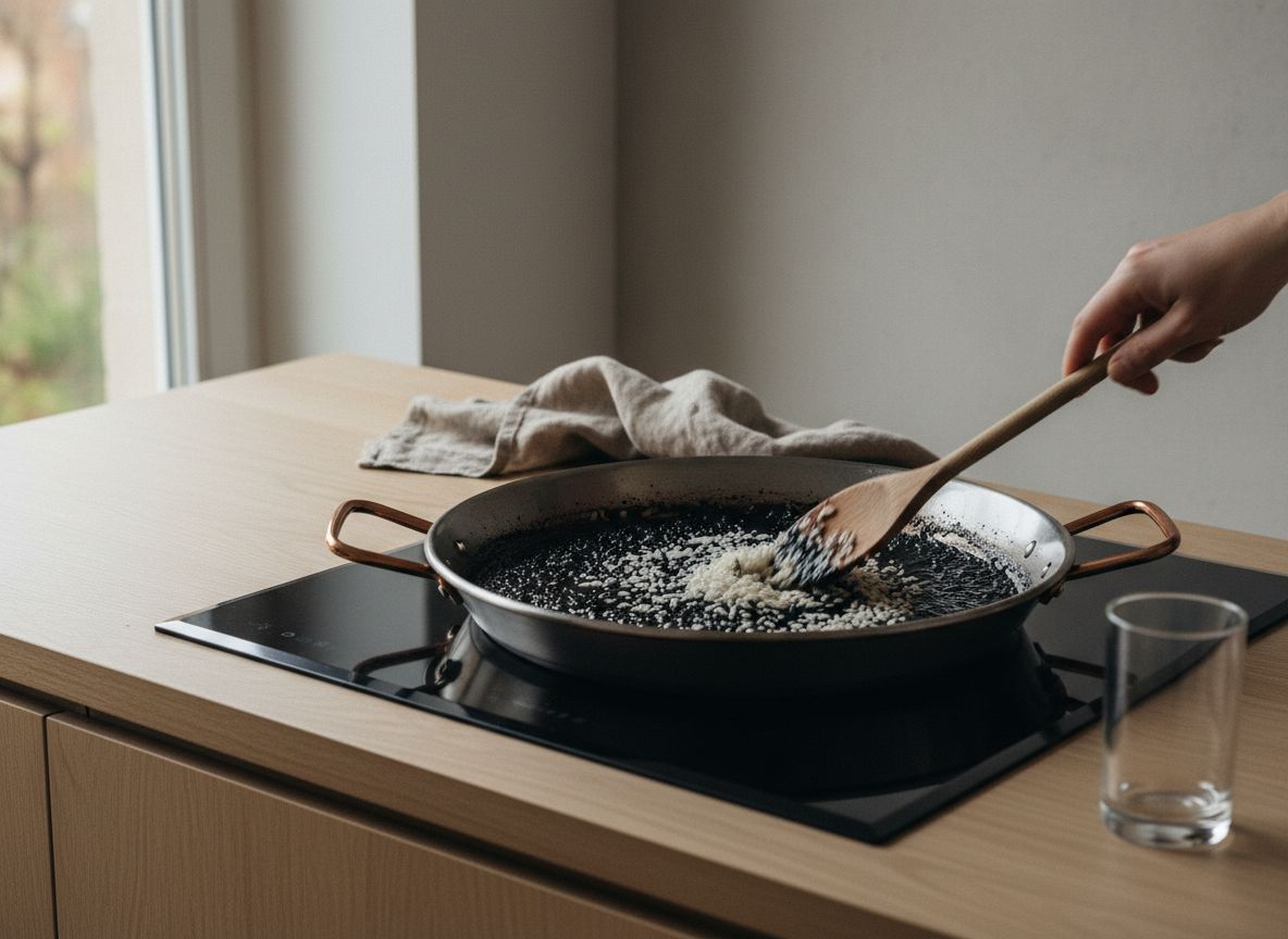 Arroz bomba nacarándose negro y brillante en el sofrito con la tinta ya integrada