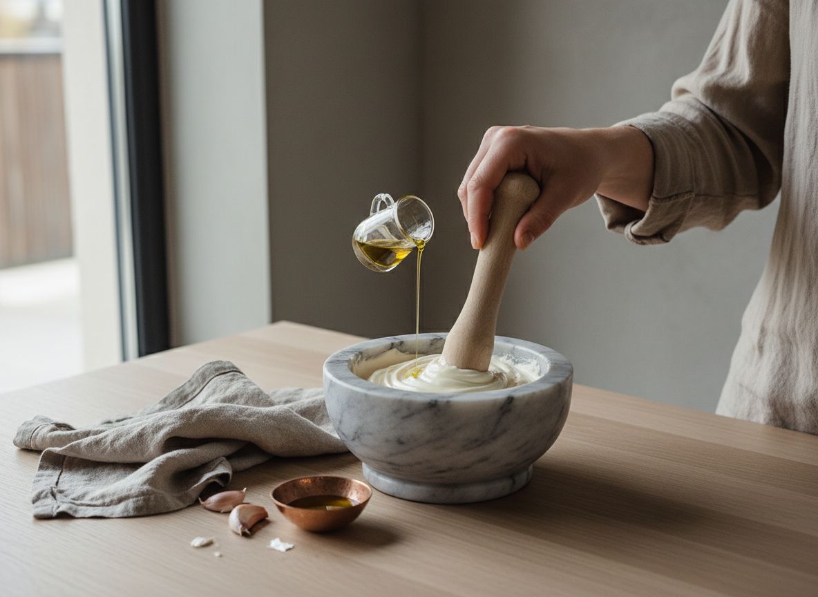Alioli emulsionándose blanco y espeso en un mortero de mármol con el aceite cayendo en hilo