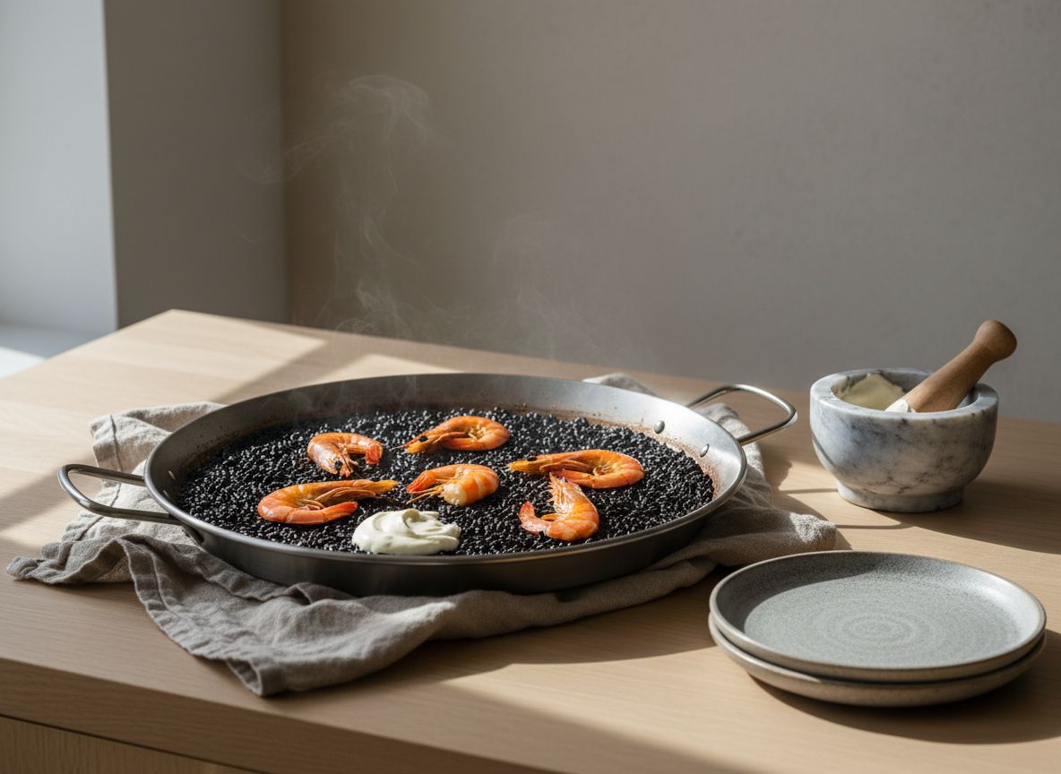 Arroz negro con sepia y gamba roja en paellera de hierro, grano negro brillante con gambas enteras y una cucharada de alioli blanco al lado