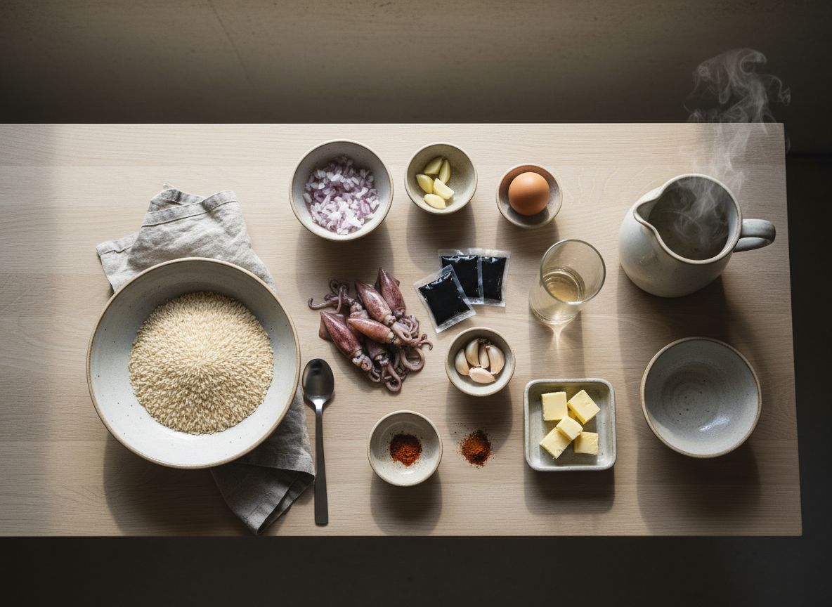 Mise en place del arroz negro cremoso: chipirones enteros limpios, arroz bomba, sobres de tinta, chalotas, tomate rallado, mantequilla fría y huevo para el alioli