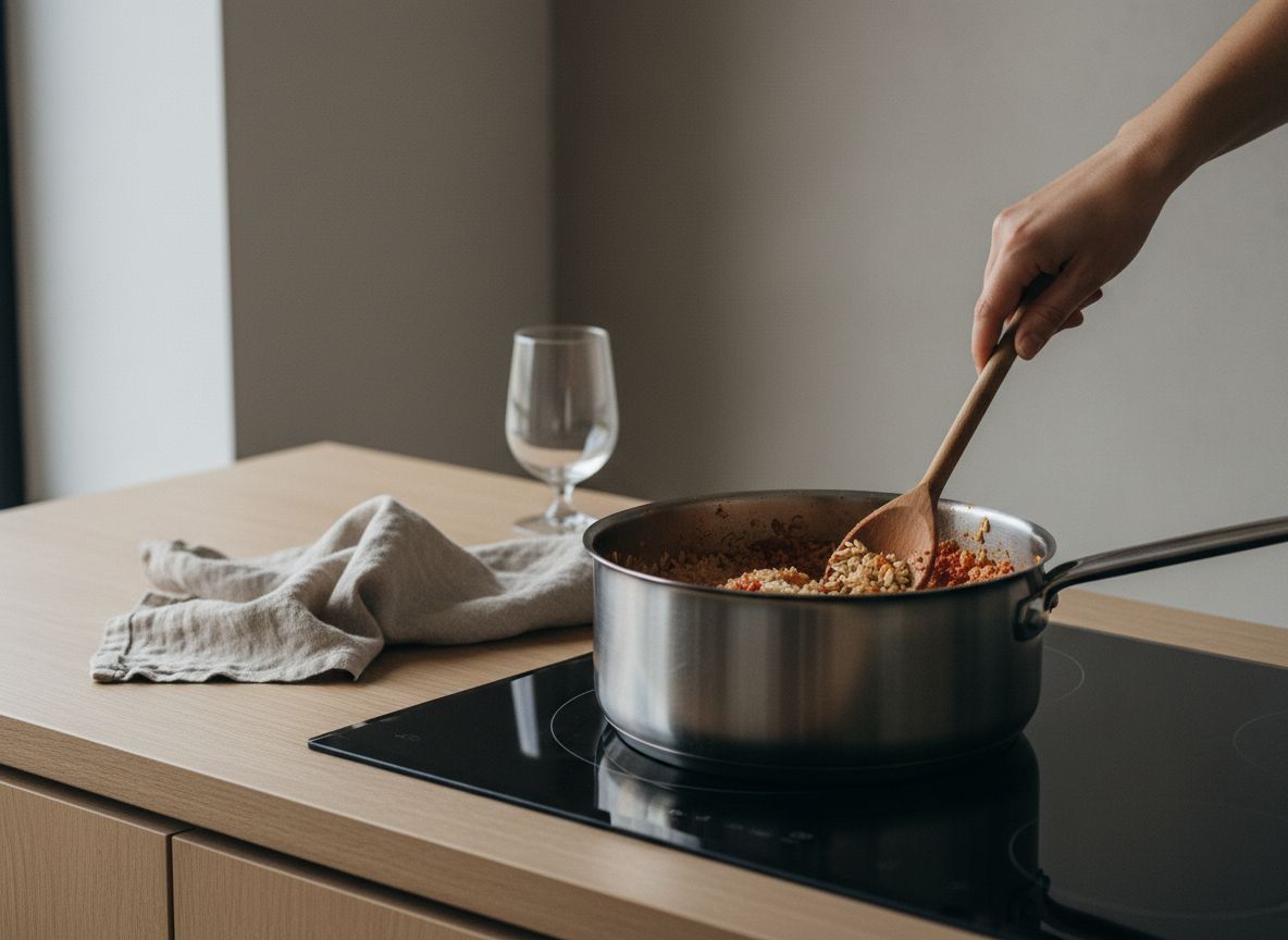Arroz bomba nacarándose perlado en el sofrito de tomate con el pimentón recién incorporado