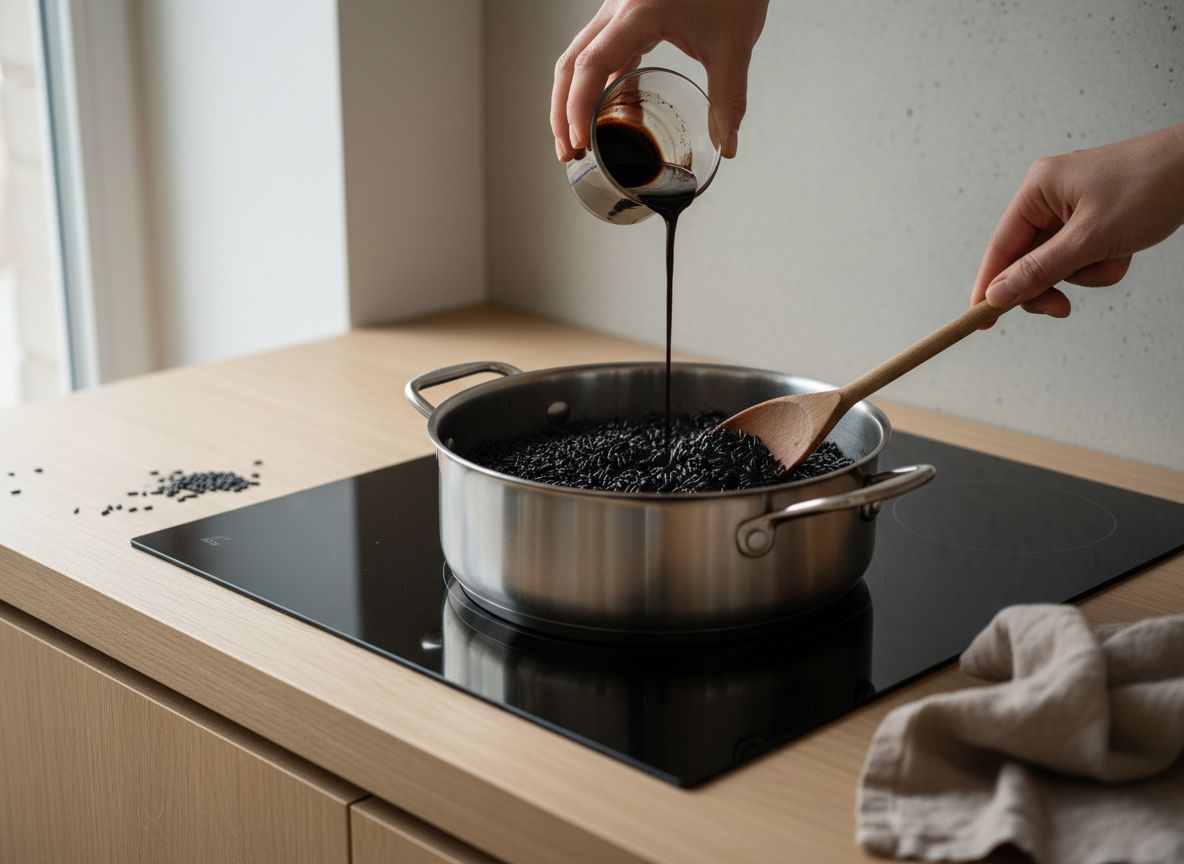 Tinta diluida vertiéndose sobre el arroz y tiñendo el conjunto de negro brillante