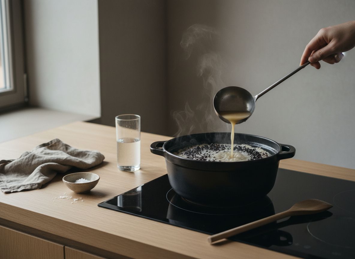 Cazo de fumet caliente añadiéndose al arroz negro en cocción mientras se remueve con cuchara de madera