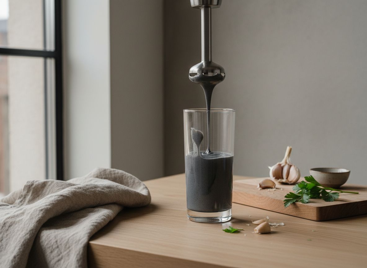 Alioli de tinta emulsionado gris antracita en un vaso alto con la batidora de brazo