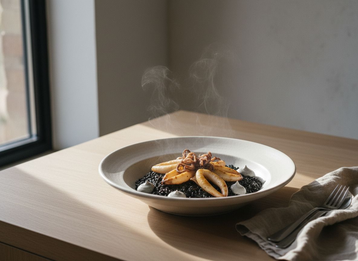 Arroz negro cremoso de chipirón en plato hondo de cerámica, crema negra brillante con chipirones dorados enteros y puntos de alioli de tinta gris