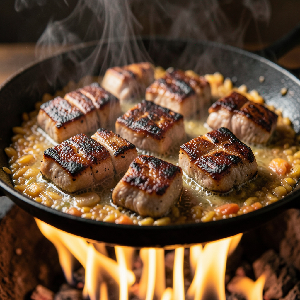 Presa ibérica sellada con costra Maillard en paella