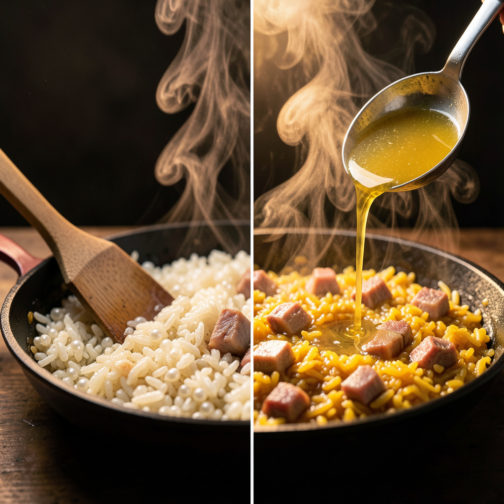 Arroz nacarado con caldo añadido
