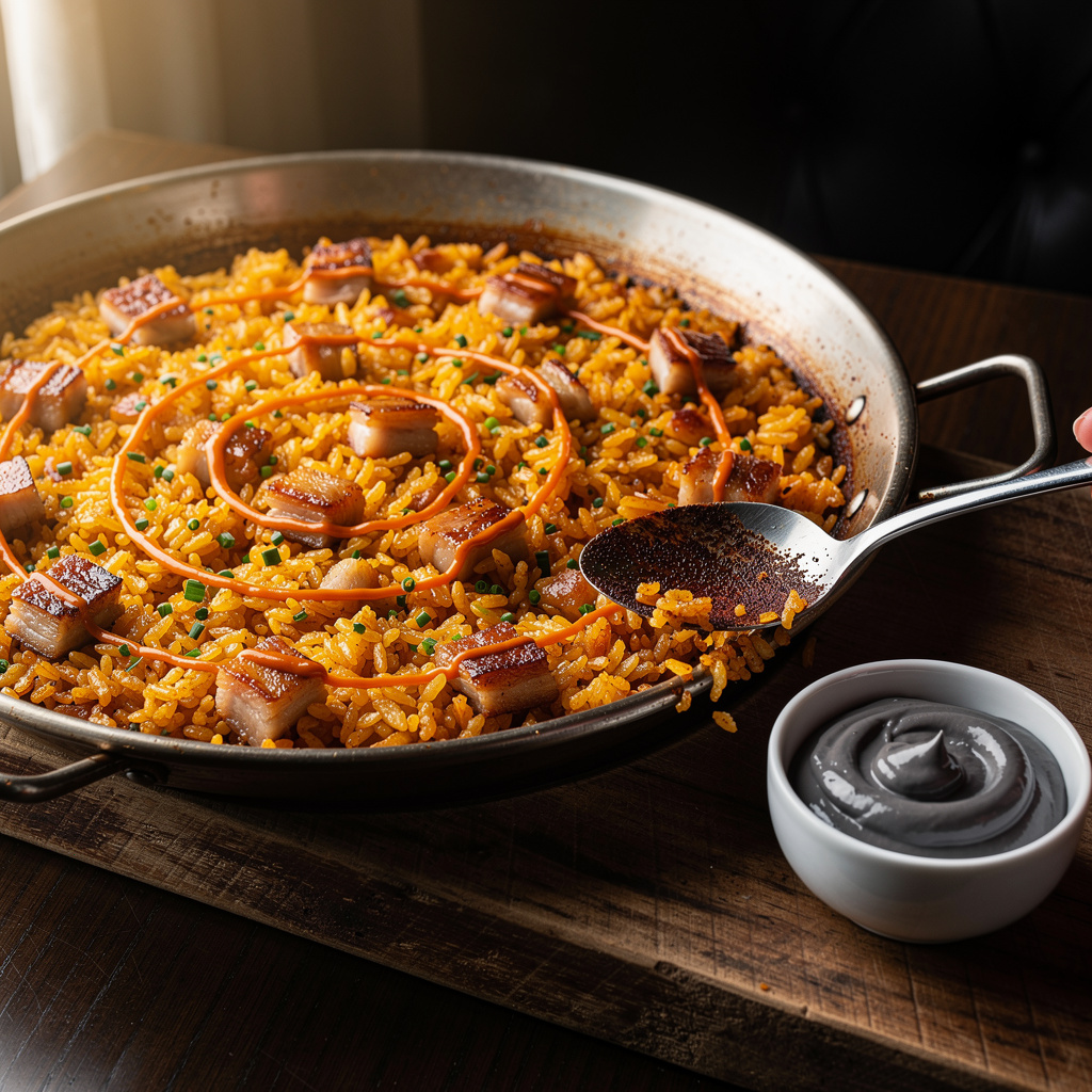 Arroz de presa ibérica de bellota con socarrat oscuro crujiente visible en los bordes, alioli de ajo negro fermentado y aceite de pimentón coreano en paella de hierro