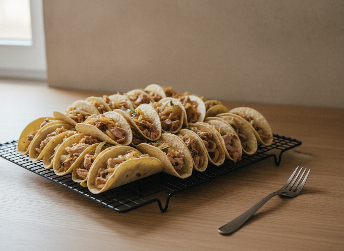 Tacos de atún confitado reposando sobre una rejilla.