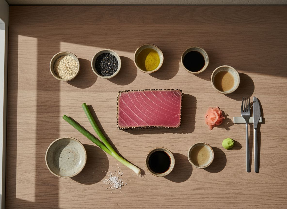 Mise en place del atun tataki: lomo de atun rojo, sesamo, soja, yuzu, jengibre y wasabi