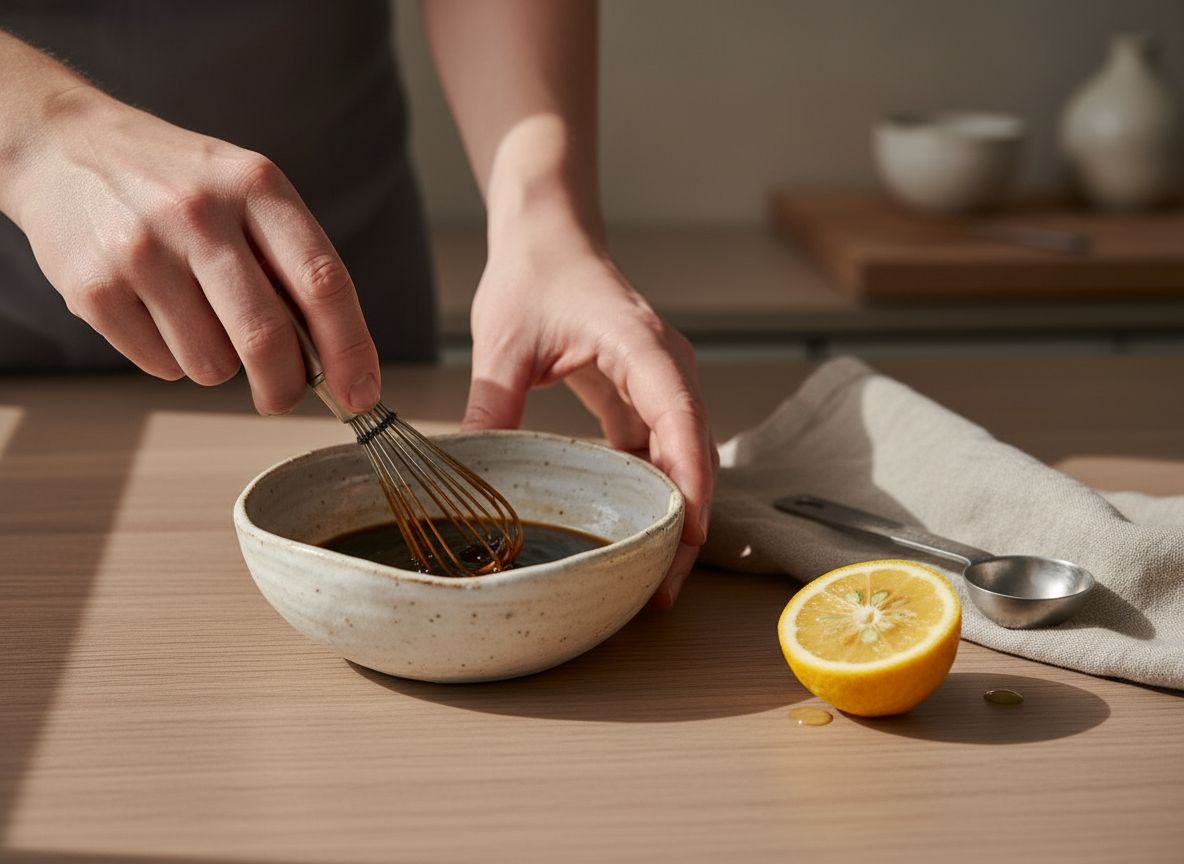 Preparacion de la salsa ponzu con soja, yuzu, mirin y dashi