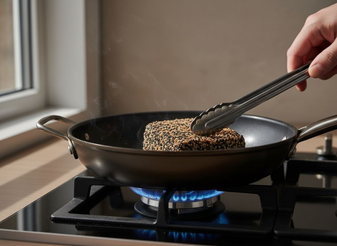 Sellado del atun crujiente de sesamo en la sarten, unos segundos por cara