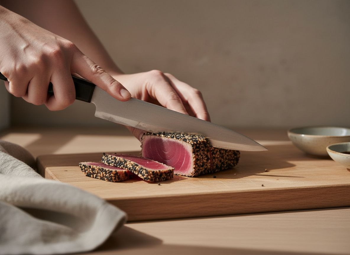 Corte del tataki a contrafibra mostrando el corazon rojo crudo