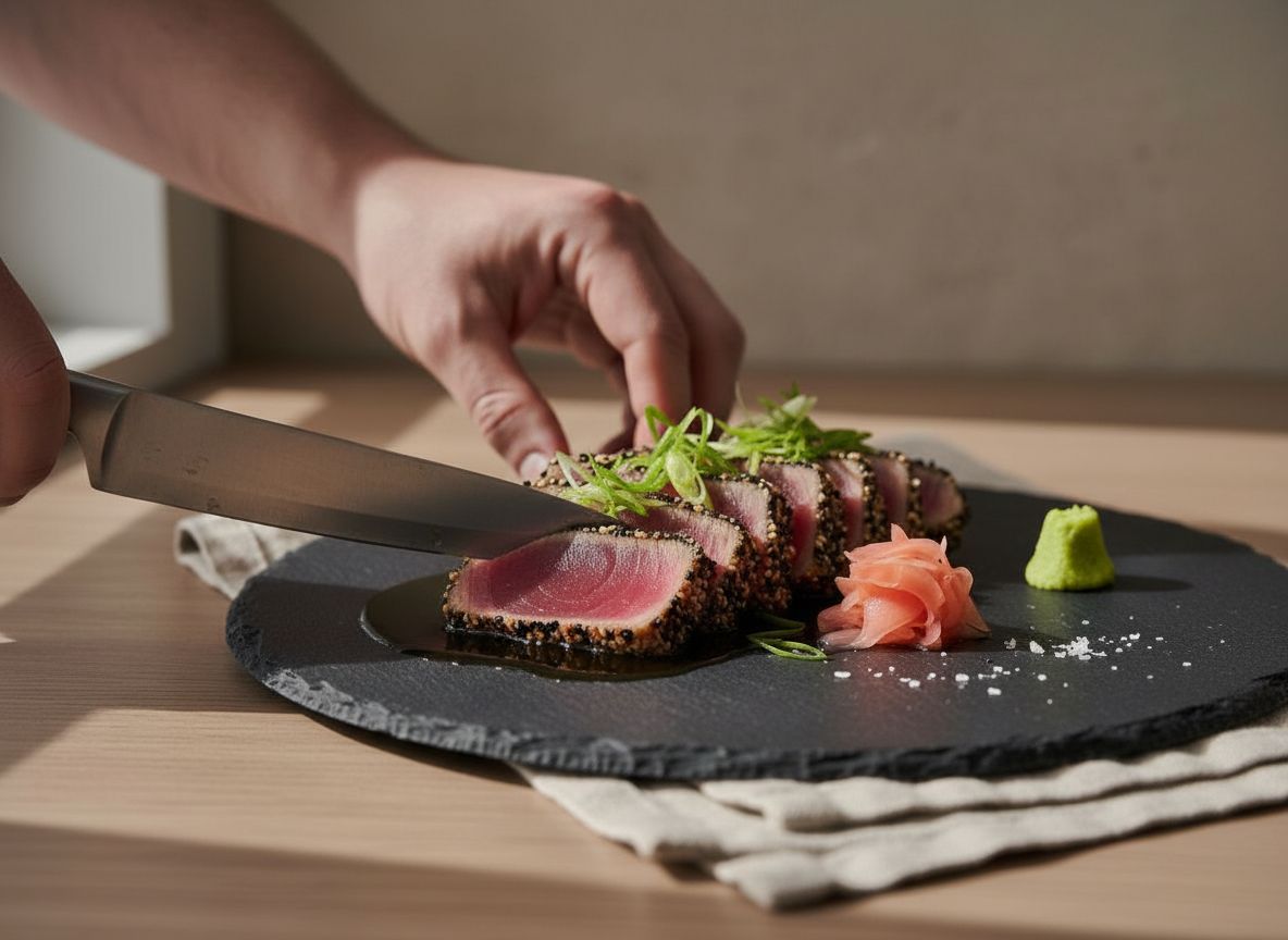 Emplatado de las laminas de tataki sobre un fondo de ponzu en pizarra