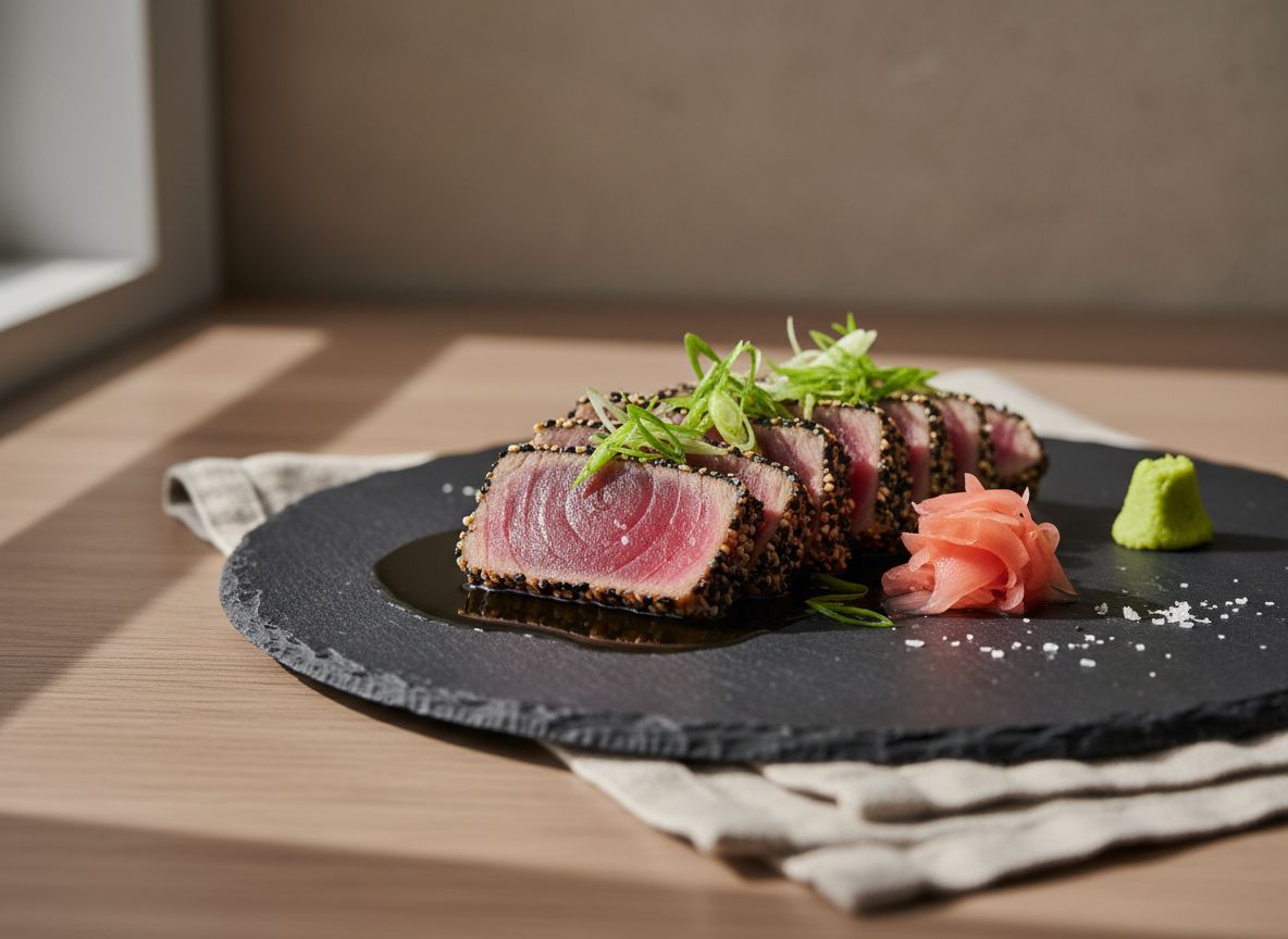 Atun rojo en tataki con sesamo, ponzu, cebolleta, jengibre y wasabi en pizarra