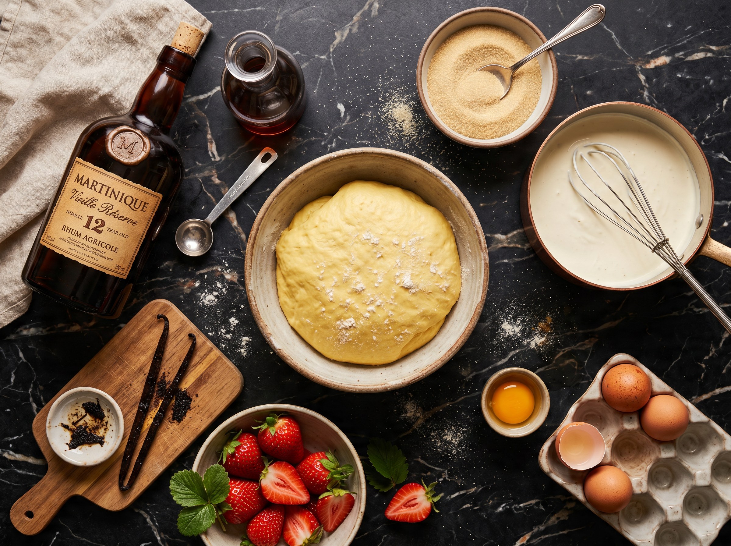 Flat lay ingredientes del baba au rhum