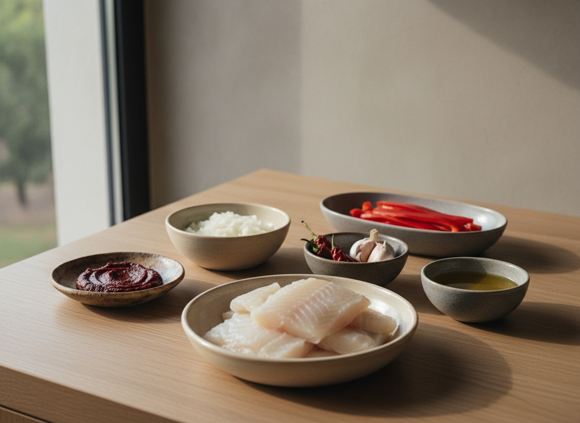 Ingredientes de la receta —lomos de bacalao desalado, ajo, guindilla, cebolla, pimiento, pulpa de choricero y aceite— en cuencos de cerámica artesanal sobre tabla de roble, vistos de lado en ángulo de 45°, con luz natural desde la izquierda.