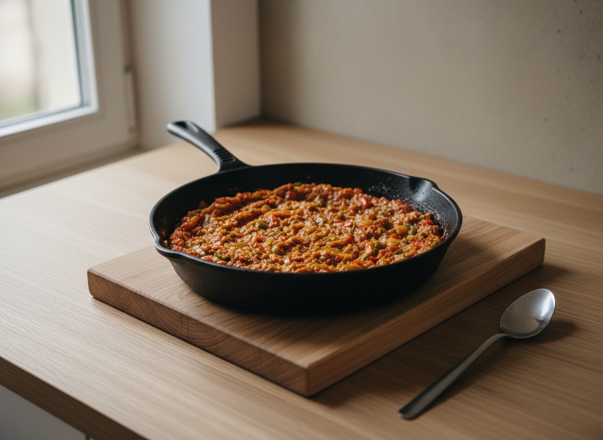 Sofrito de cebolla, pimiento y pulpa de choricero cocinándose denso en una sartén sobre tabla de roble.