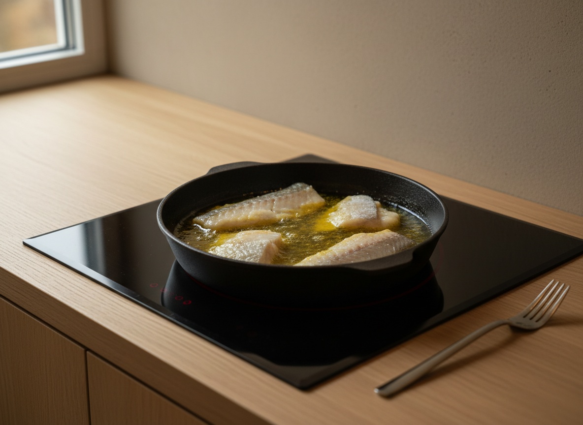 Lomos de bacalao con la piel hacia abajo confitándose en aceite de oliva templado.