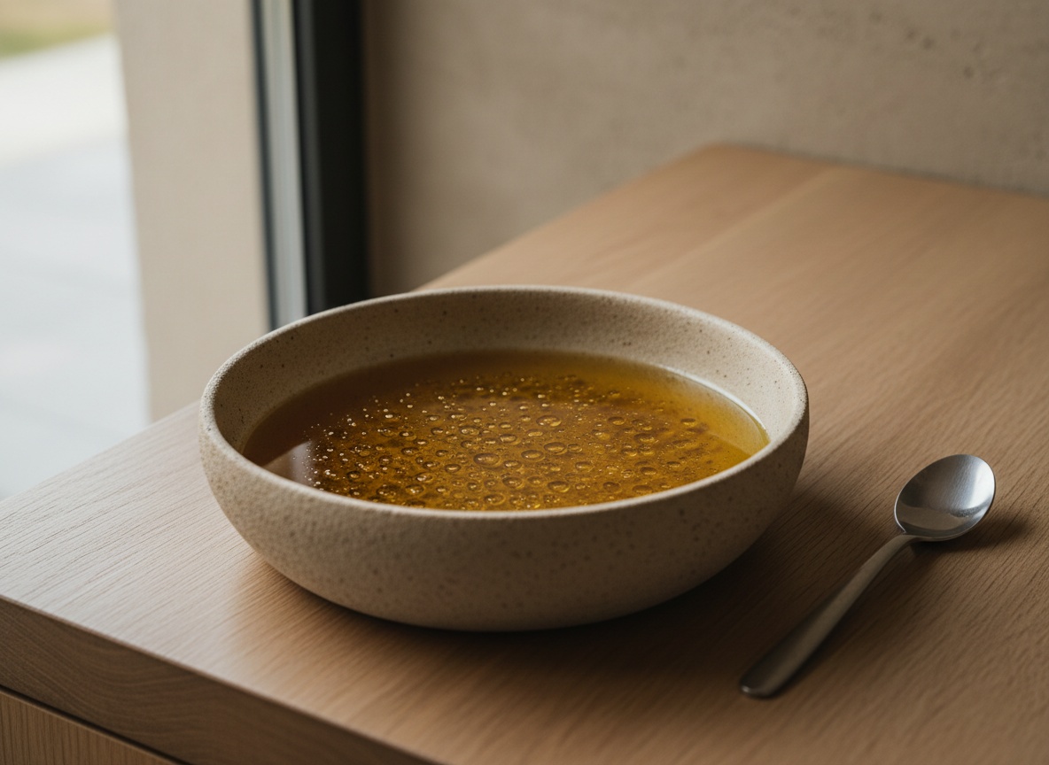 Aceite con la gelatina del bacalao colado en un bol, templándose para montar el pil-pil.