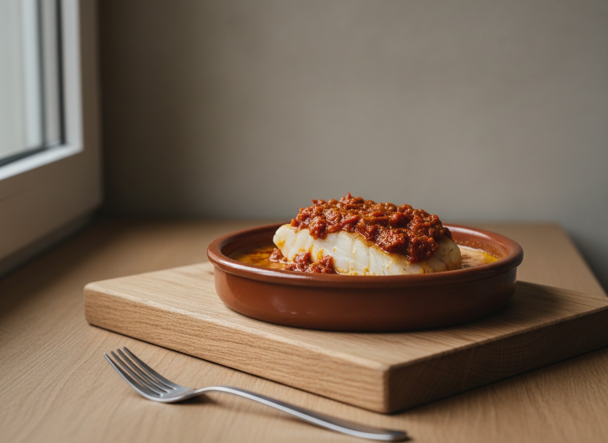 Lomo de bacalao al Club Ranero sobre pil-pil dorado y emulsionado napado con sofrito de pimiento choricero, en cazuela de barro sobre tabla de roble con luz natural desde la izquierda.