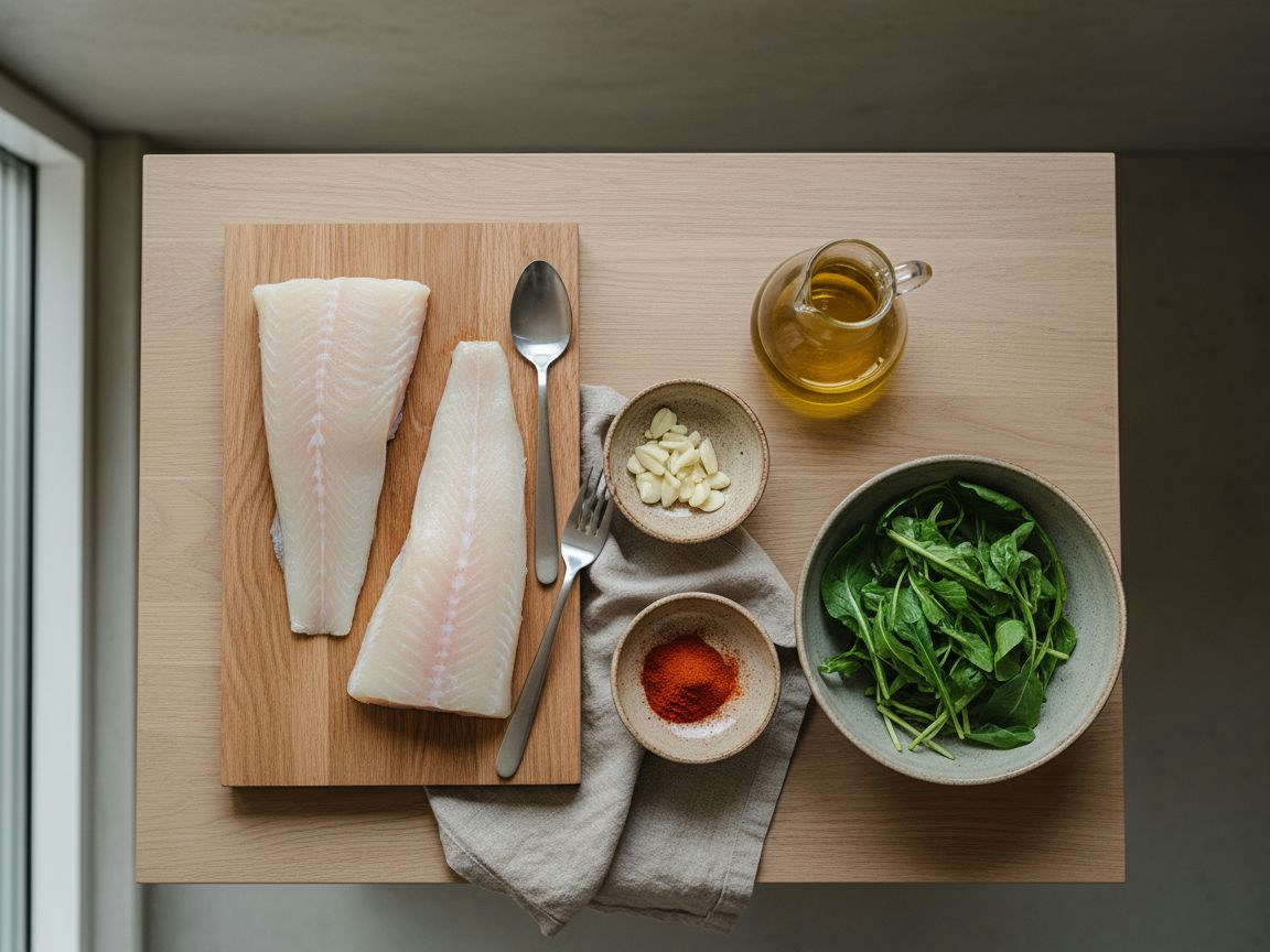 Ingredientes del bacalao confitado: lomos, aceite, ajo, pimentón y grelos