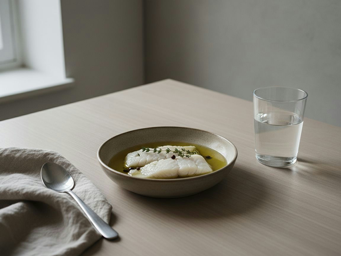 Lomos de bacalao confitándose sumergidos en el aceite templado