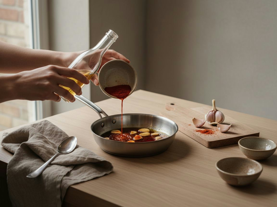 Ajada de ajo y pimentón montándose en una sartén