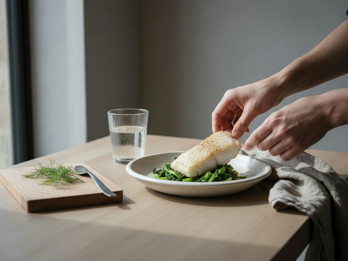 Lomo de bacalao montado sobre el lecho de grelos