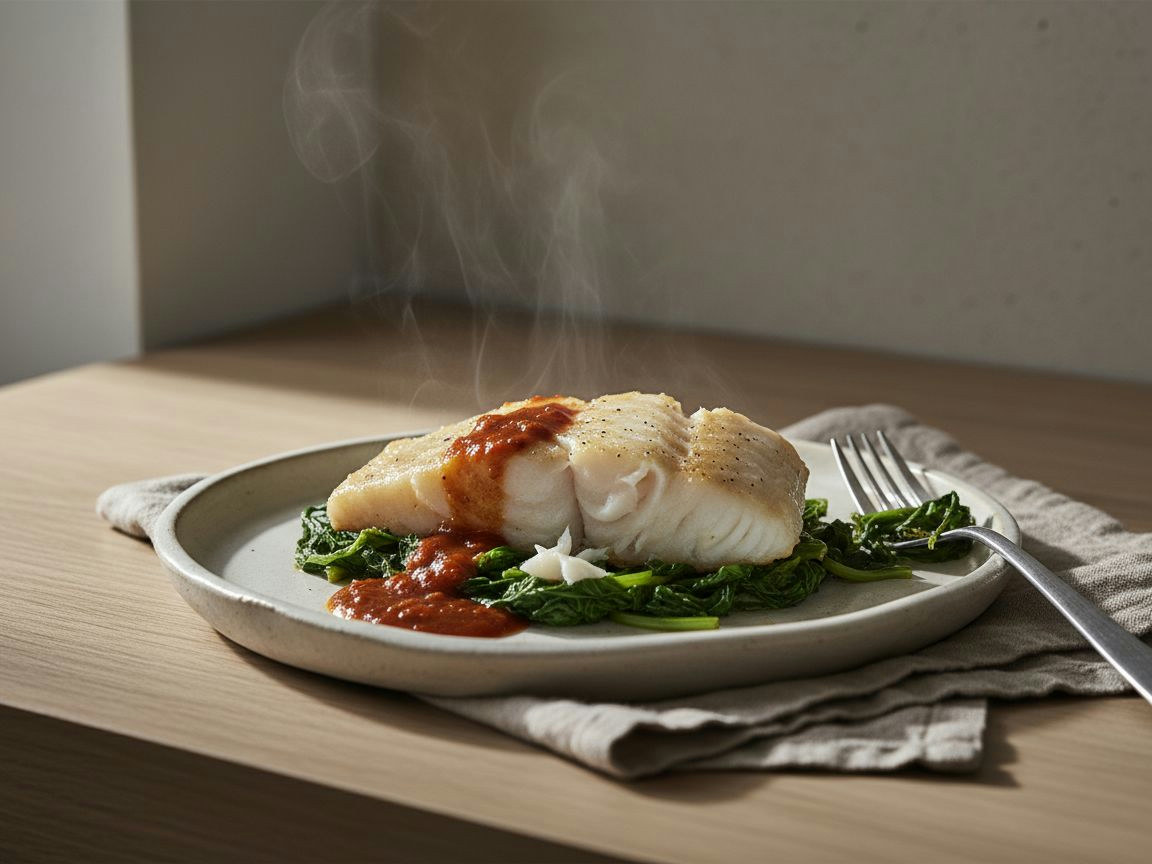 Lomo de bacalao confitado nacarado que se abre en lascas brillantes sobre un lecho de grelos, napado con ajada de pimentón, en plato de cerámica artesanal blanco hueso