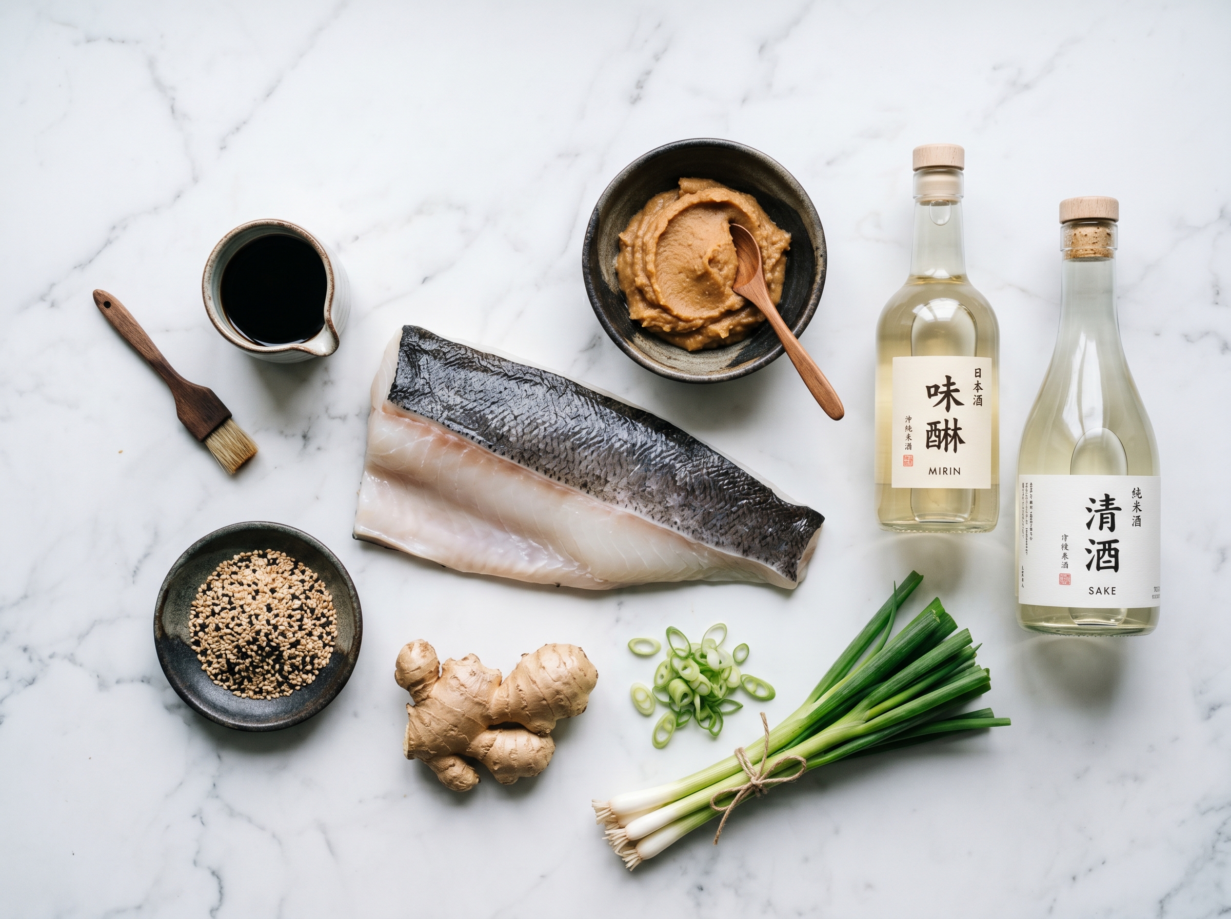 Ingredientes bacalao negro miso: miso blanco, mirin, sake, jengibre, bacalao