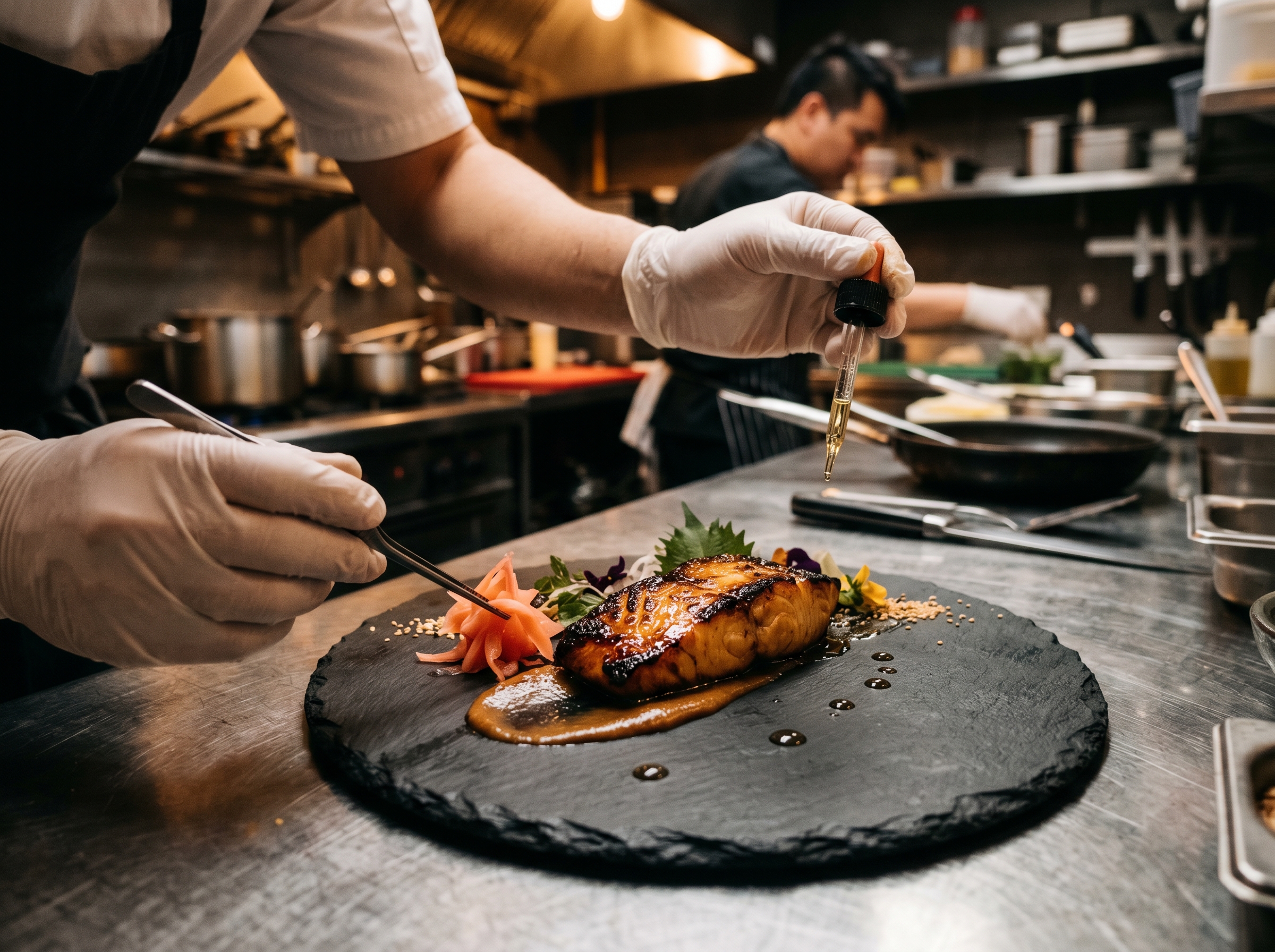 Emplatado del bacalao negro con miso sobre arroz de sushi
