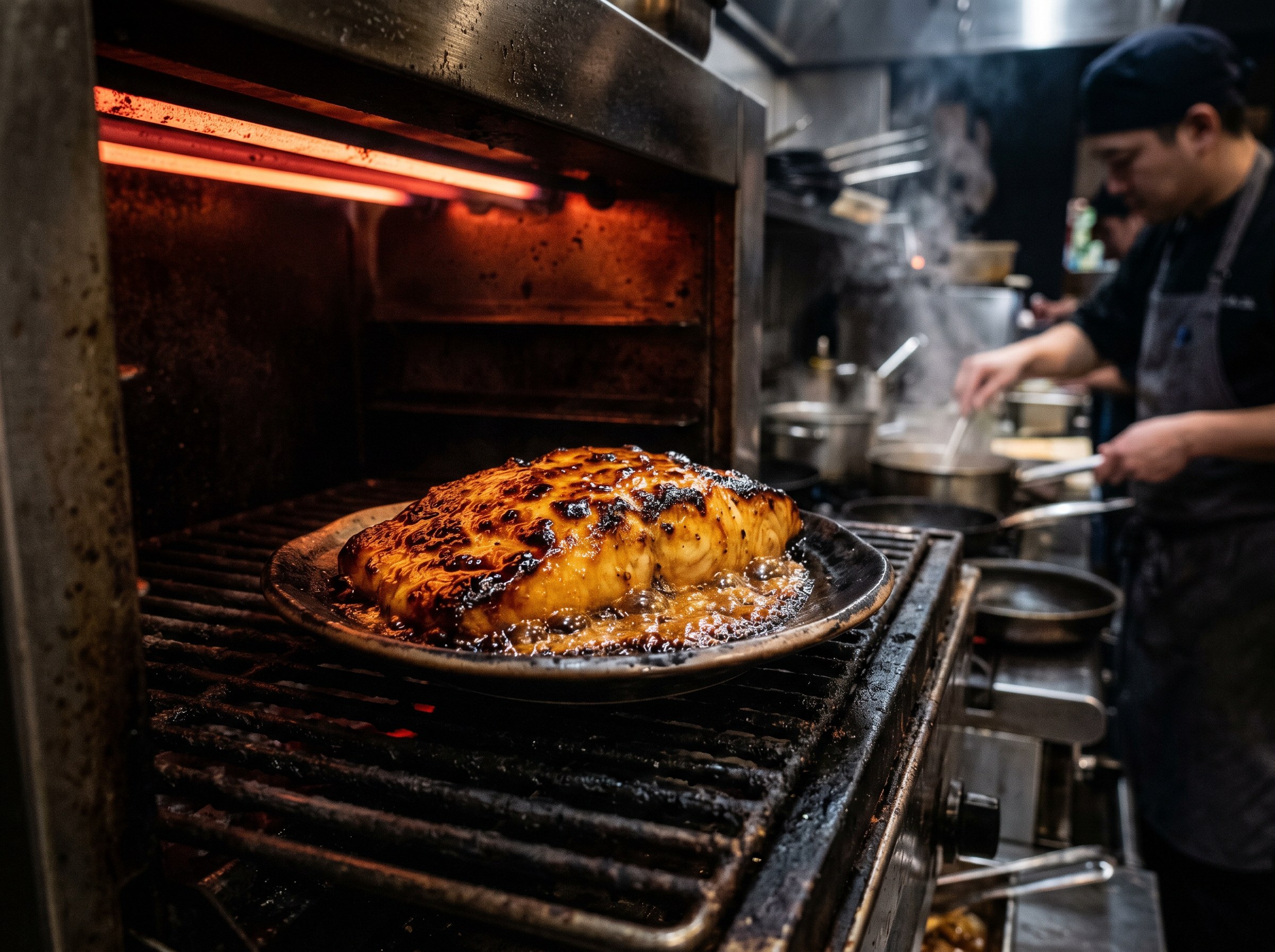 Glaseado de miso caramelizandose a color dorado oscuro bajo el grill