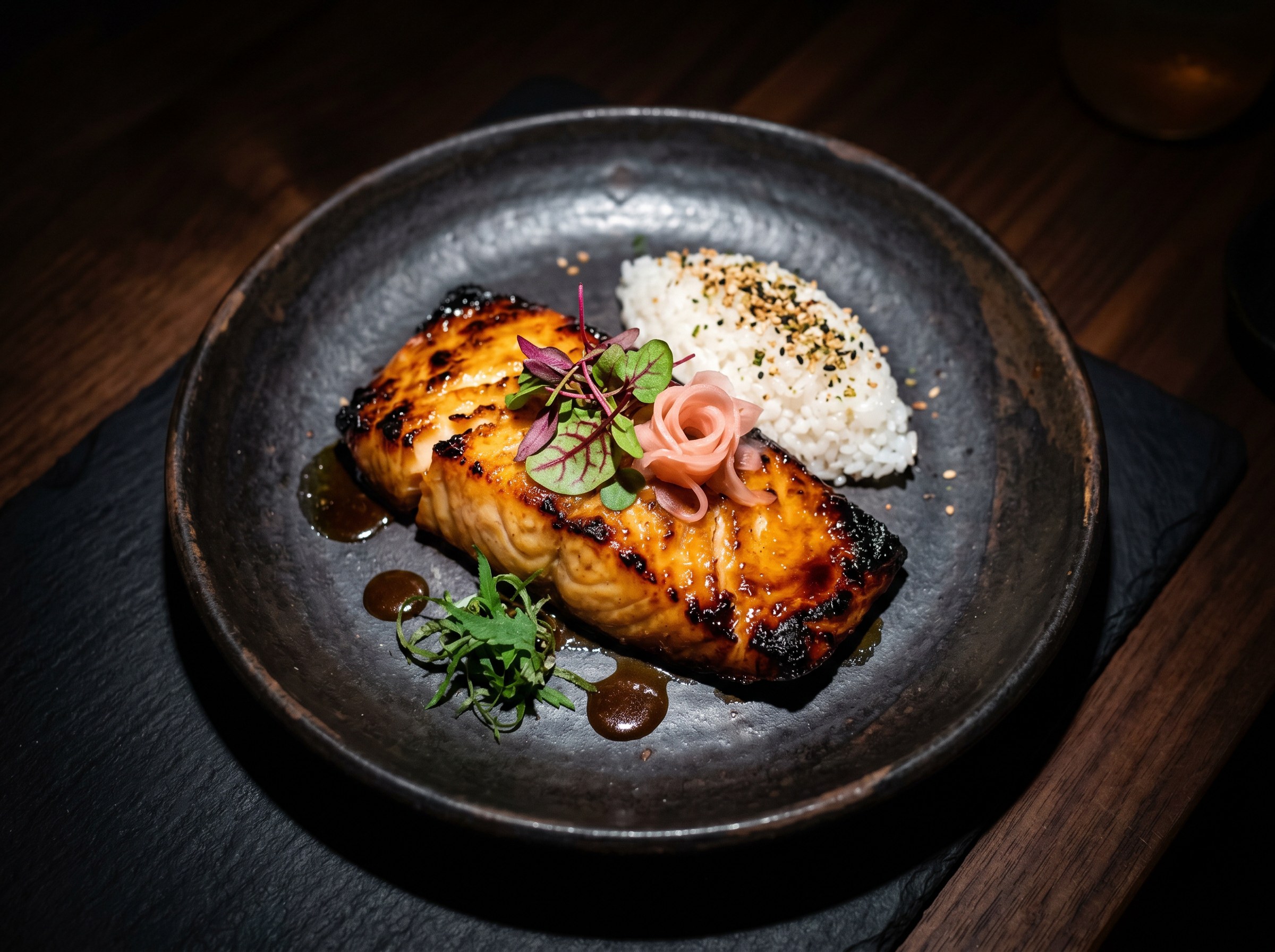 Hero final: bacalao negro con glaseado de miso caramelizado dorado oscuro
