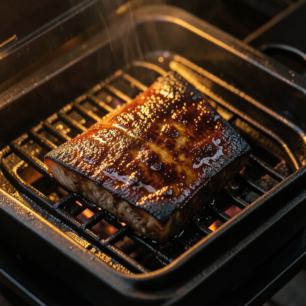 Bacalao negro glaseándose bajo el grill — caramelización del miso