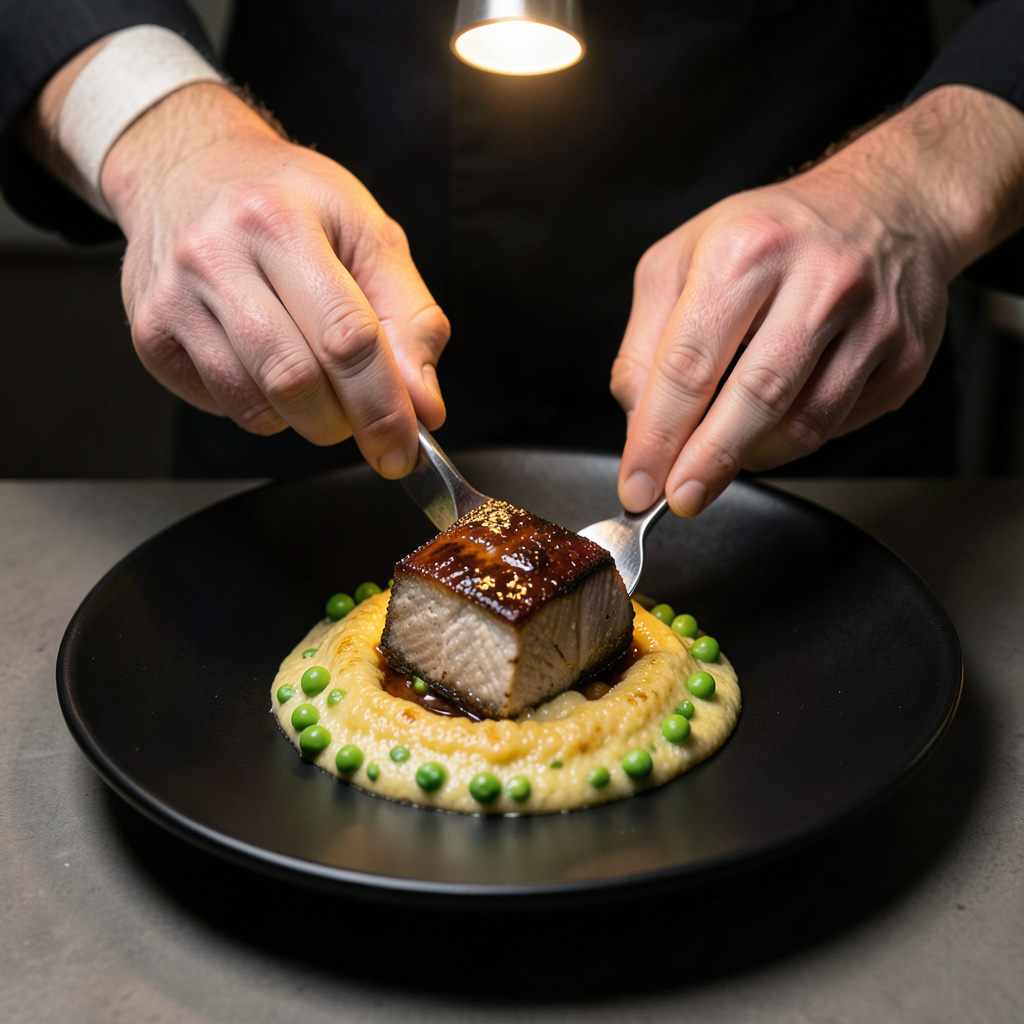Emplatado — bacalao sobre espuma de edamame con dashi alrededor