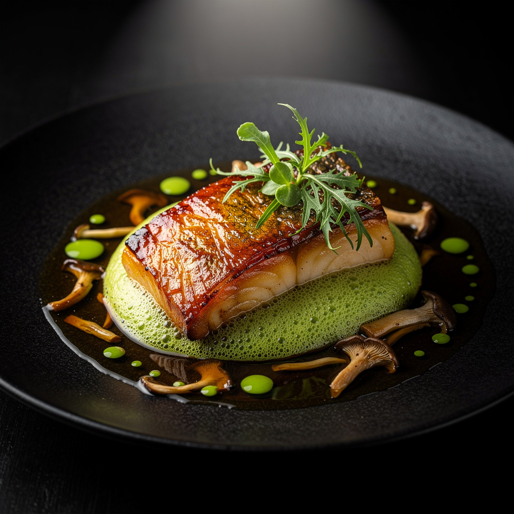 Bacalao negro glaseado en miso rojo Hatcho con superficie caramelizada dorada sobre espuma de edamame verde y dashi de shiitake en plato de cerámica negra mate
