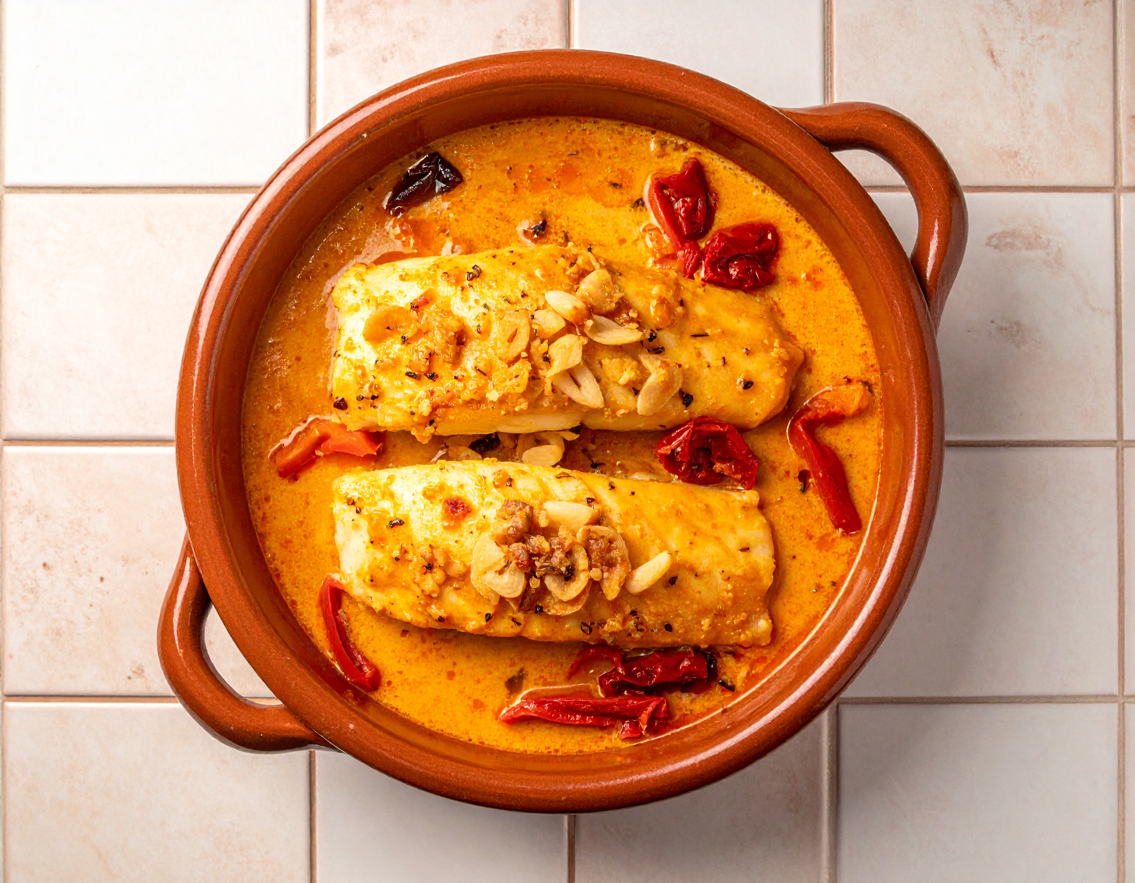 Bacalao cocinandose en cazuela de barro con ajo y guindilla en aceite dorado