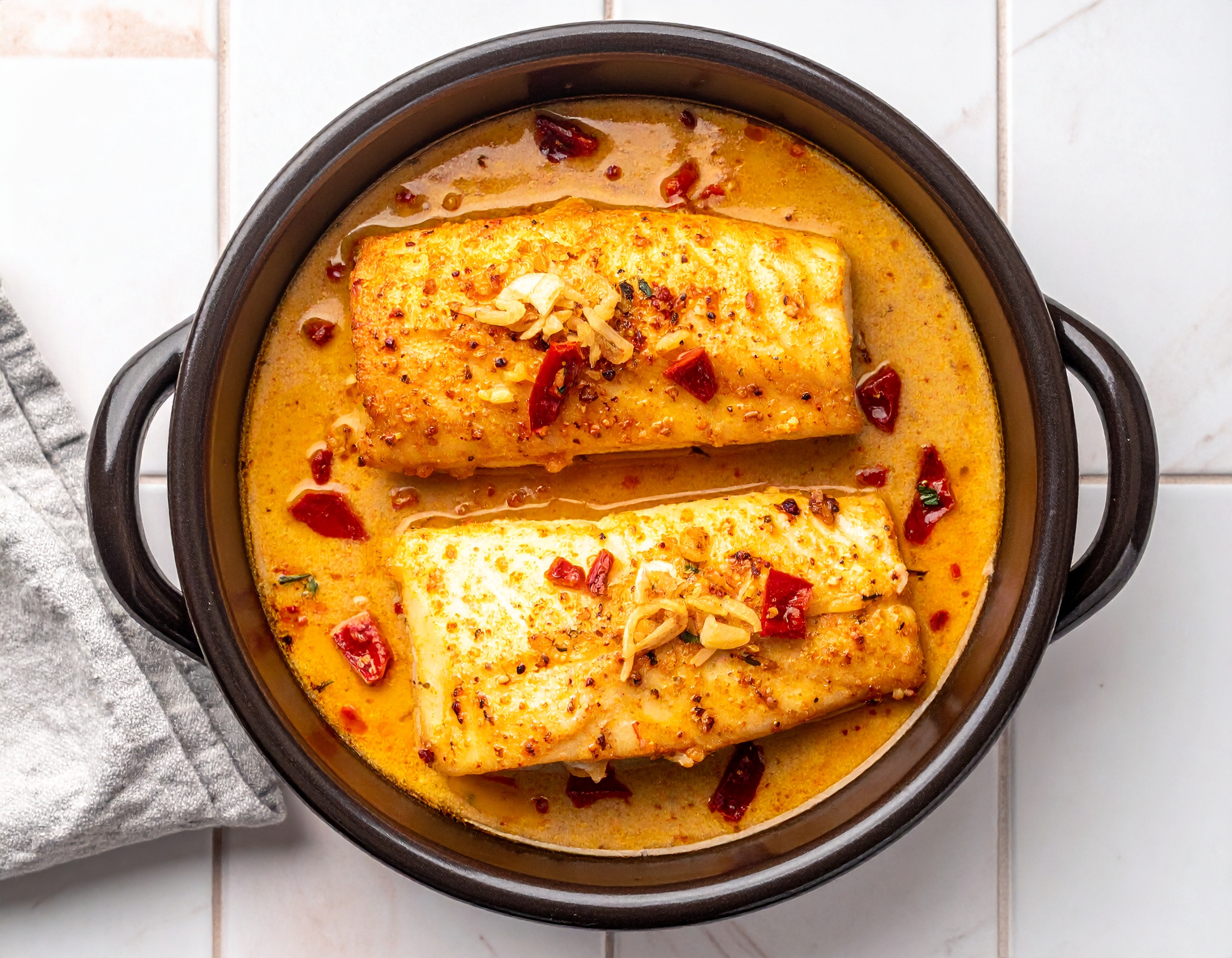 Bacalao al pil pil en cazuela oscura con salsa dorada, ajo y guindilla