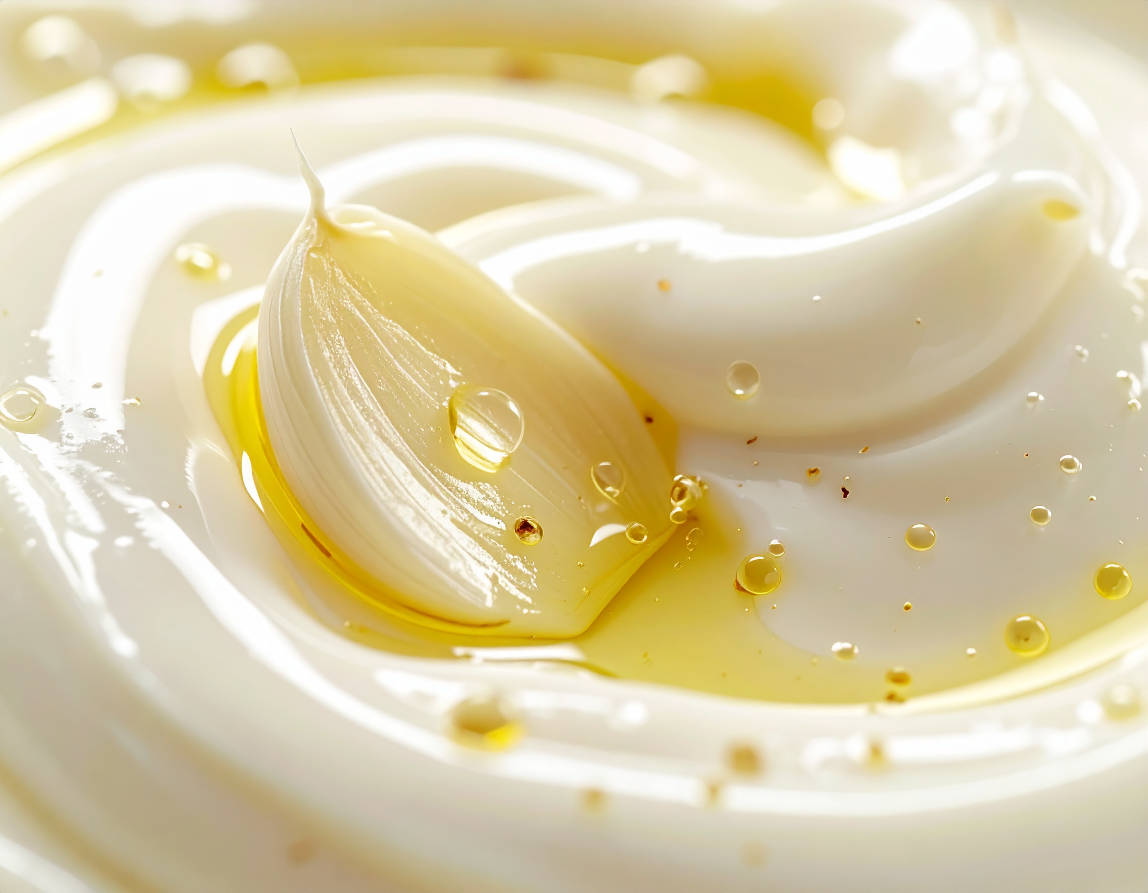 Macro de la emulsion pil pil blanca marfilena con diente de ajo