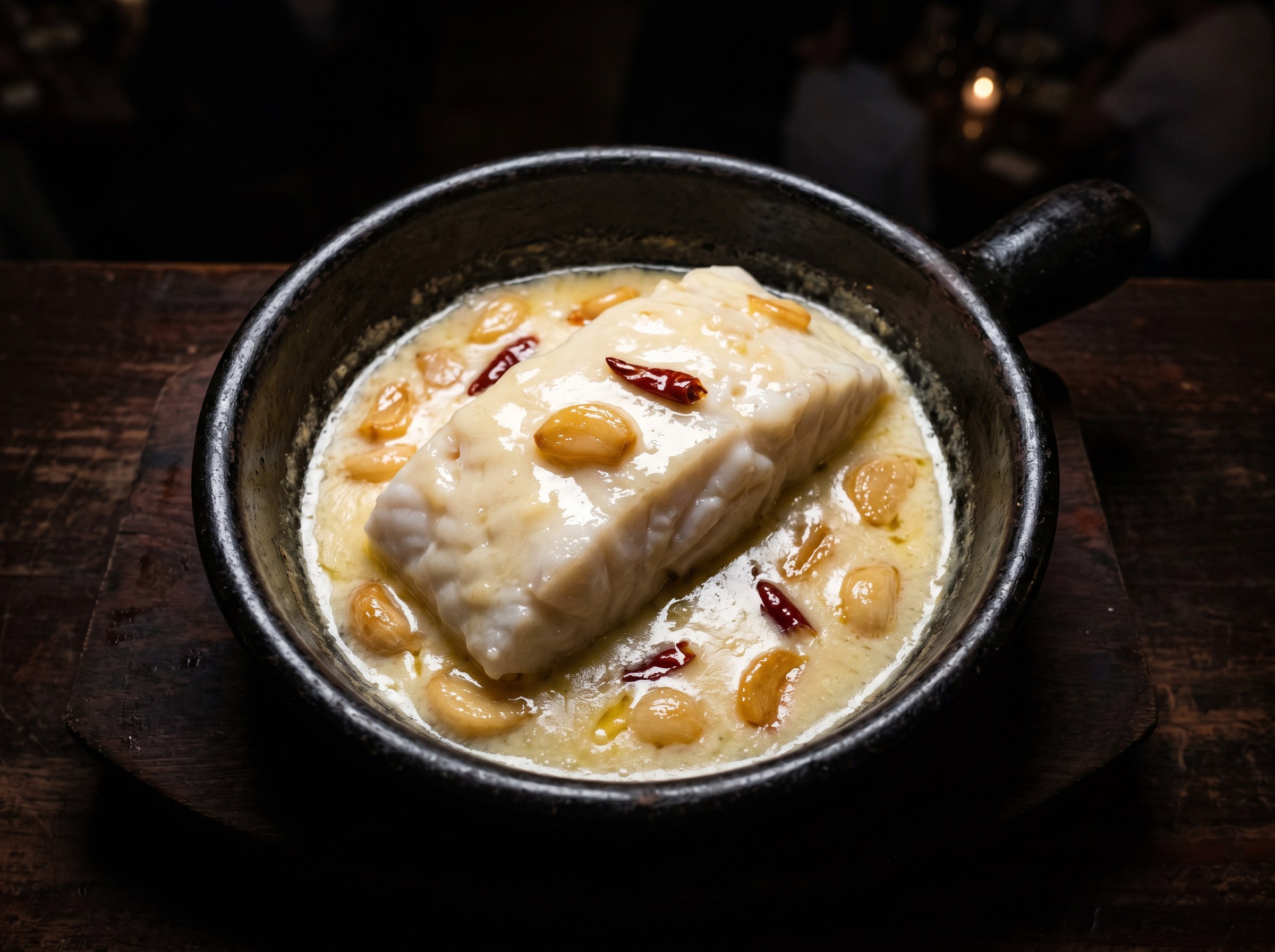 Hero final: bacalao al pil-pil en salsa blanca densa y brillante