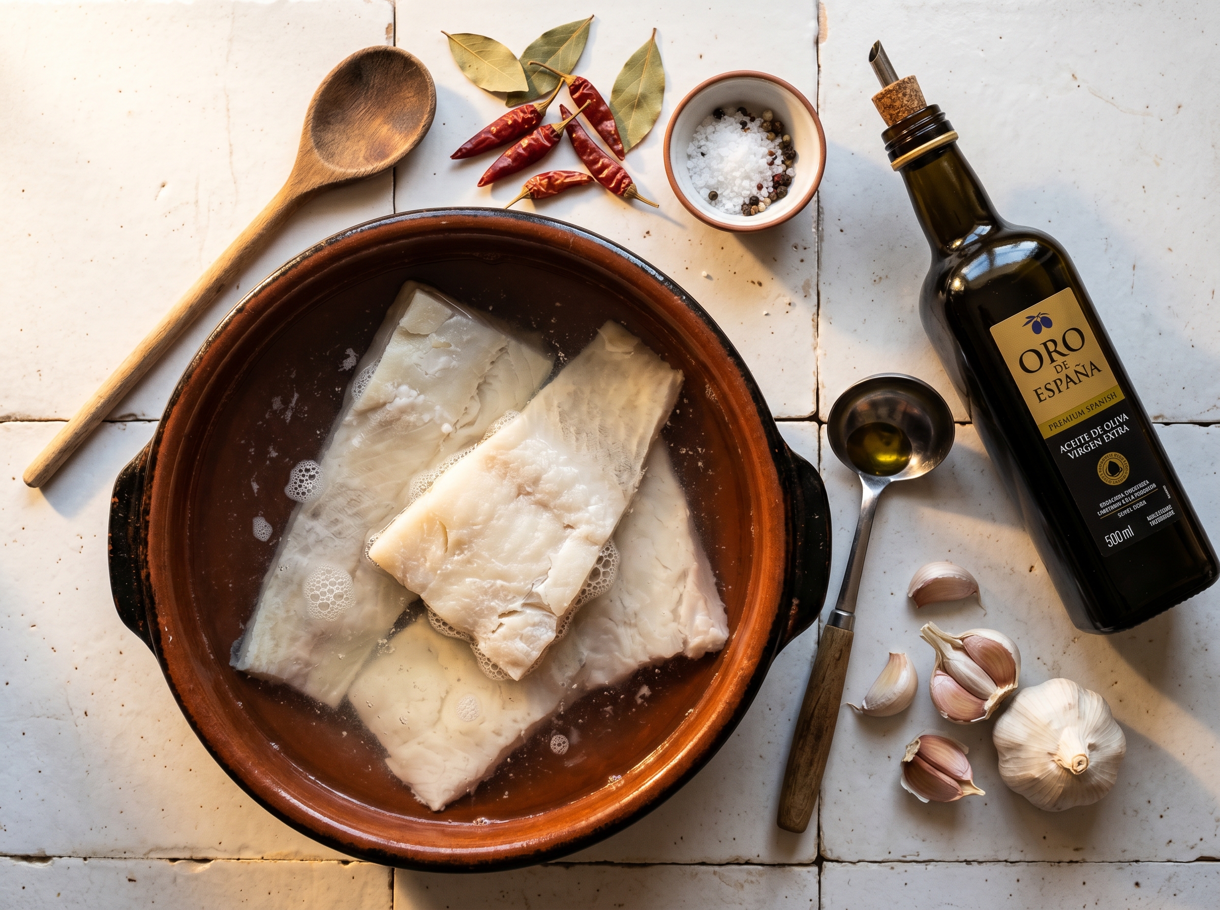 Flat lay ingredientes: bacalao salado, ajo, guindilla, aceite de oliva virgen extra y cazuela de barro